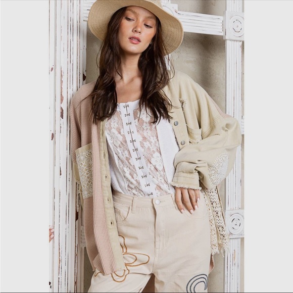 POL Cream Embroidered Crochet Lace Button Down Shacket - Picture 4 of 6